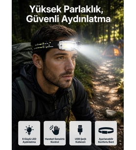 Yüksek Işıklı Şarjlı ve Sensörlü LED Kafa Lambası Kamp Lambası