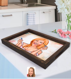BK Gift Kişiye Özel Kadın Karikatürlü Doğal Ahşap Tepsi-21