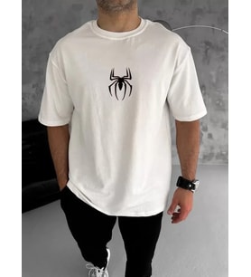pilelistore- Unisex Bisiklet Yaka Baskılı Oversize T-Shirt - Beyaz