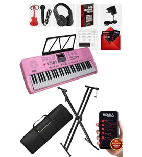 Midex PS-1800PK-SET 61 Tuşlu Kaliteli Pembe Org Dijital Ekran Stand Kulaklık Çanta Notalık Adaptör Sticker Metod