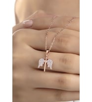 Kadın Orijinal 925 Ayar Gümüş Zirkon Taşlı Melek Kanat Kılıç Model Kolye (Rose)