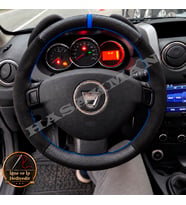 Dacia Sandero Dikme Direksiyon Kılıfı Alcantara Süet Mat Karbon Mavi Yüzük ve Dikiş 2012-2016