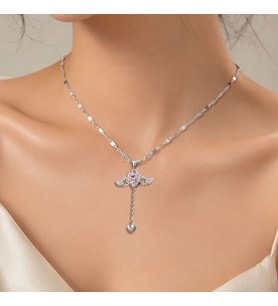 BK Gift Kanat Figürlü Sallantılı Kalp Detaylı Kadın Kolye - Kararma Yapmayan Silver Çelik Kolye