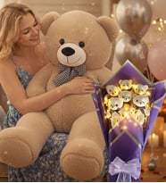 90 Cm Peluş Ayı ve LED Işıklı Mor Peluş Ayıcık Buketi Seti Sevgiliye Hediye Hediye Doğum Günü Özel Gün Seti (Bej)