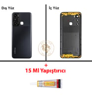 Infinix Hot 20İ Siyah Uyumlu Lensli Arka Kapak + B7000 Yapıştırıcı Arka Cam Batarya Pil Kapağı