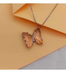 Gümüş Kolye Cam Kelebek Turuncu Taşlı 925 Ayar