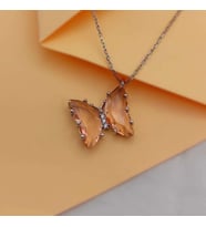 Gümüş Kolye Cam Kelebek Turuncu Taşlı 925 Ayar
