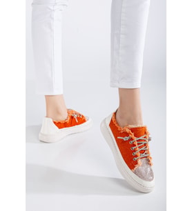 Neva Taşlı Düz Taban Kadın Turuncu Kot Sneakers (Karışık)