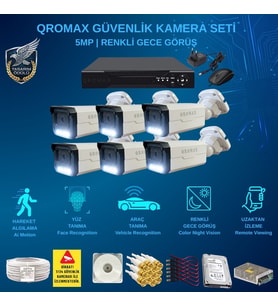 QROMAX 6 Kameralı Set - Yapay Zeka Özellikli İnsan Yüz Araç Tanımalı Gece Renkli Gösteren 5 MP SONY Lensli 4 Warm Ledli FULLHD Güvenlik Kamerası Seti 3404W