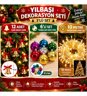 3'LÜ Yılbaşı Ağacı Süsleme Seti 12'li Çam Ağacı Çanı 6'lı Yılbaşı Topu 10 Metre Animasyonlu Peri LED