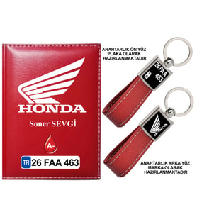 Plakanıza Özel Honda Motor Logolu Kırmızı Ruhsat Kabı ve Anahtarlık