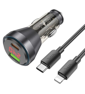 HOCO NZ12B Unimpeded PD48W USB + Type-C Araç Çakmaklı Hızlı Şarj Aleti + Type-C to iPhone Kablo-(577