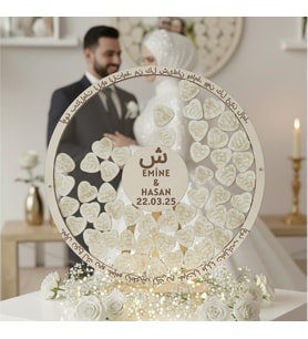 DÜĞÜN-NİŞAN ŞEFFAH PLEKSİ NAZAR DUASI İŞLEMELİ 50 CM YUVARLAK MİSAFİR-HATIRA ANI DEFTERİ-KUTUSU + ŞÖVALE VE KALEM HEDİYELİ (Şeffaf)
