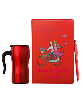 Sevgililer Gününe Özel Deri Kırmızı Defter Kalem & Termos Mug Hediye Seti 10