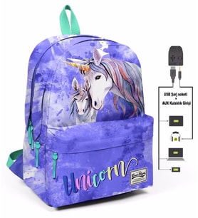 Coral High Mavi Unicornlar Üç Gözlü Okul ve Günlük Sırt Çantası - USB+AUX Soketli