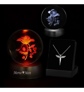 Kişiye Özel  Led Işıklı Cam Love Küre Dolunay Lamba Kristal Top Ve Melek Kolye