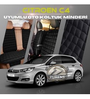 Citroen C4 Siyah Renk Tay Tüyü Cepli & Terletmez Sırtlı Oto Koltuk Minder Seti - Koltuk Koruma Kılıfı (ÖN & ARKA TAM SET)
