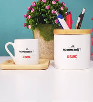 Odyometrist Türk Kahvesi Fincanı Ahşap Altlıklı ve Kalemlik