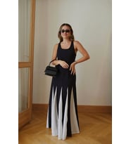 Kadın Siyah Premium Patchwork Renk Bloklu Keten Elbise (Siyah - Beyaz)
