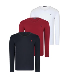 ÜÇLÜ SET T8587 DEWBERRY V YAKA ERKEK SWEATSHIRT-SİYAH-BEYAZ-BORDO