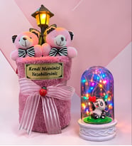 Size Özel Sokak Lambalı Peluş Ayıcık Buketi ve Renkli Işıklı Fanus (Model 8)