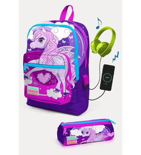 Coral High Kids Mor Pembe Unicorn Desenli USB'li 2'li Okul Çanta Seti - Kız Çocuk
