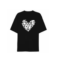 14 Şubat Sevgililer Günü Love Kalp Baskılı Oversize Bisiklet Yaka T-shirt - Siyah
