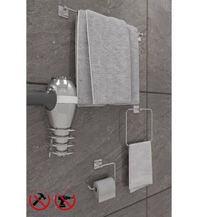 Scilla Kare Krom 4'lü Yapışkanlı Banyo Seti Uzun Havluluk, Kare Havluluk, Kağıtlık, Kare Fön Askısı