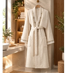 Arliva Home Mono Naturel Nakışlı Bukle Bornoz Seti