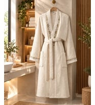 Arliva Home Mono Naturel Nakışlı Bukle Bornoz Seti