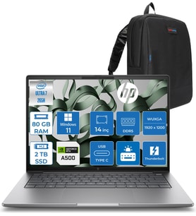 Hp Zbook 8 G1I  Intel Core Ultra 7 265H 80GB Ddr5 2tb SSD 4GB/RTXA500 14" Wuxga Düşük Mavi Işık 300NIT %100 Srgb Windows 11 Pro Taşınabilir Iş Istasyonu B30HCESP23 + Zettaçanta