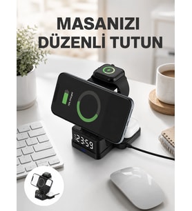 Dijital Saatli Kablosuz Şarj İstasyonu - 3 ü 1 Arada Apple Uyumlu Hızlı Şarj Ve Led Ekran Yeni Nesil