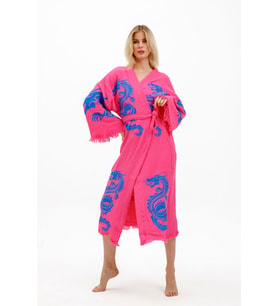 Dragon Müslin Kimono %100 Pamuklu Ejderha Baskılı Desenli Bornoz Kaftan Sabahlık (Fuşya)