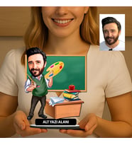 Kişiye Özel Öğretmen Karikatürlü 18 cm MDF Masaüstü Biblo - Öğretmen Hediyesi Öğretmene Özel Hediye