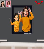 Kişiye Özel Anneler Günü Anne Kız Karikatürlü 3D Ahşap Tablo Model-4