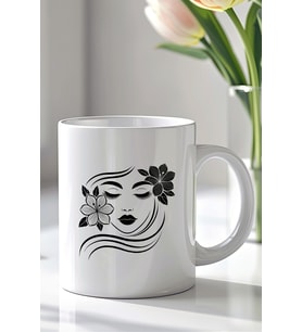 Geometrik Kadın Yüzü Desenli 330ml Baskılı Beyaz Seramik Kupa Bardak