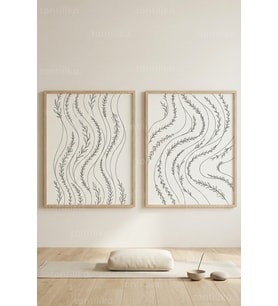Akışkan Çizgisel Botanik 2’li Ahşap Çerçeveli Tablo Seti