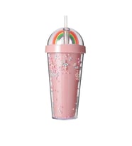 PİPETLİ BARDAK MATARA SEVİMLİ SULUK 450 ml ÇİFT KATMANLI BONCUKLU (Pembe)