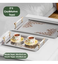 Porsima Yüzük 2li Paslanmaz Çelik Gümüş Kahve Tepsisi Gold Beyaz Desenli Dekoratif Servis Sunum Tepsisi