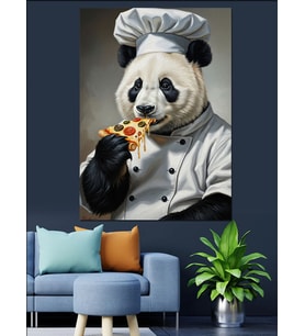 Pizza Yiyen Şef Panda Karakteri Dekoratif Kanvas - Mdf Ahşap Tablo