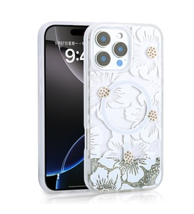 Apple iPhone 16 Pro Max Uyumlu Kılıf Sıvılı Simli Baskılı Şeffaf Arka Yüzey Zore Mossa Silikon Kapak (Gri)