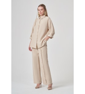 FTZ Women Kadın Düğme Detay Keten Takım Beige 31410