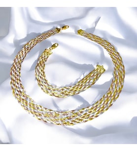 Yantra Silver 925 Ayar Gümüş İtalyan 10 mm  Örgü Zincir Kolye ve Bileklik Seti (Gümüş - Altın)
