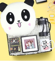 Peluş PandaYastık & Siyah Paspartulu Çerçeve & French Press & Alerya Filtre Kahve & Kupa Hediye Seti