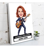 Bas Gitariste Hediye Kadın Karikatürlü Kanvas Tablo
