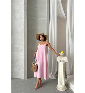 Neşeli butik kadın pembe ayarlanabilir askılı salaş elbise NBG090