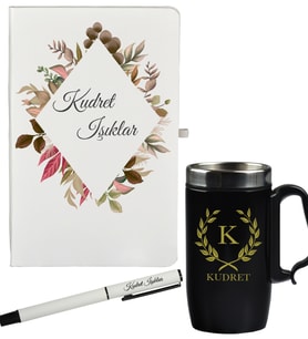 Kişiye Özel Şık Yaprak Tasarımlı Hediye Defter Kalem Ve Siyah Termos Mug Seti