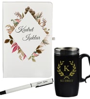 Kişiye Özel Şık Yaprak Tasarımlı Hediye Defter Kalem Ve Siyah Termos Mug Seti