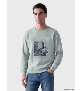 LC WAIKIKI Yeşil Bisiklet Yaka Baskılı Erkek Sweatshirt