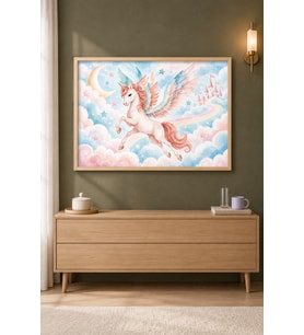 Kanatlı Unicorn Şato ve Gökkuşağı Ahşap Çerçeveli Duvar Tablosu